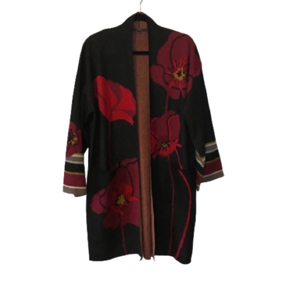 Maxsport black red poppies long cardigan medium